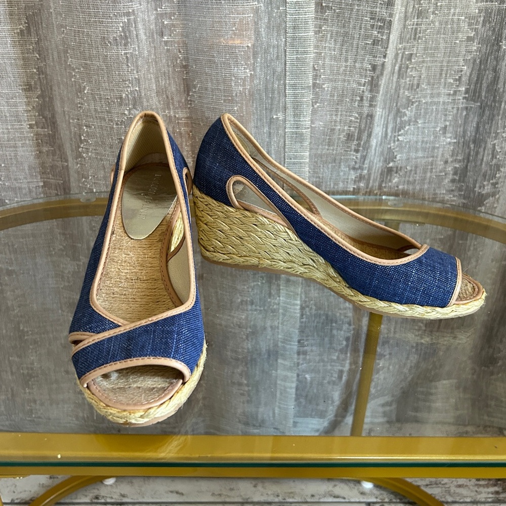 Donald J. Pliner Blue and Tan Wedge Shoes with Peep-Toe Design